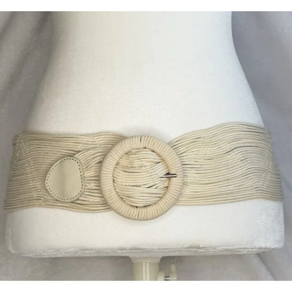 Coldwater Creek Ivory Wide Woven Cotton Belt Faux‎ Leather Accents Statement S/M
